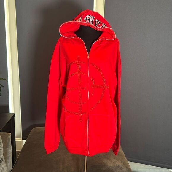Unisex Oversize Red Fleece Full Zip Hoodie Named Target Front Pockets Size L NEW - Picture 1 of 13